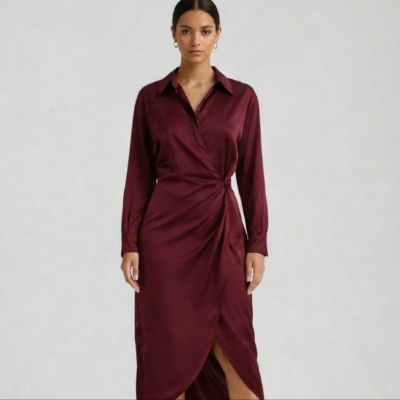 Astr Dresses & Skirts - Astr The Label | Satin Wrap Shirt Dress Burgundy NWT